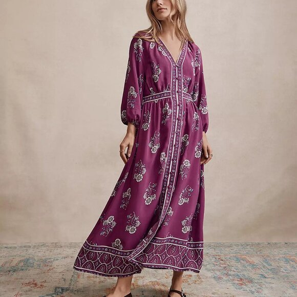 NWT Loft Petite Floral Puff Sleeve Button Midi Dress 00P - Picture 2 of 8